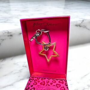 NEW Betsey Johnson Yellow Star Bag Charm Keychain with Heart Charm 4 Inches NWT